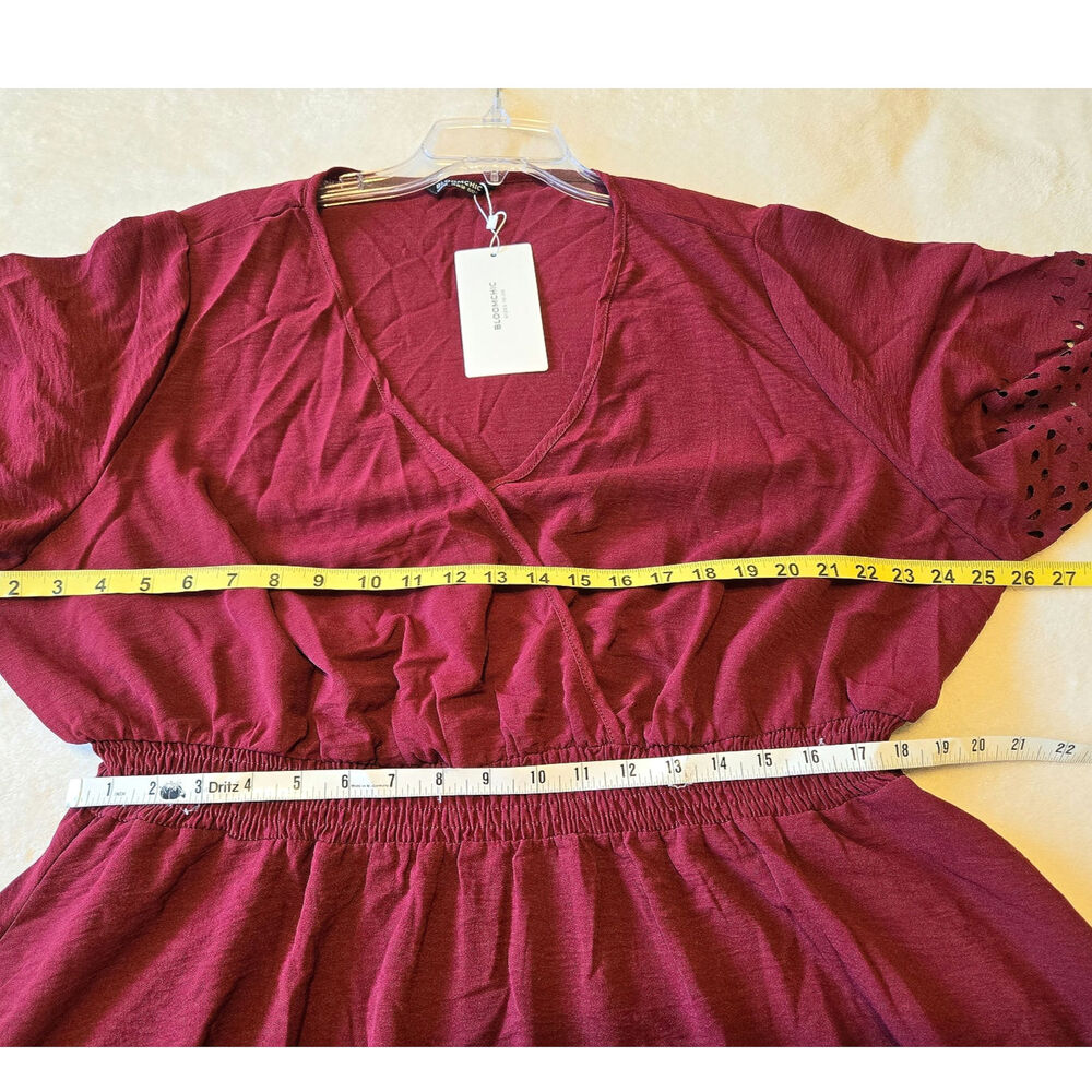 Sz 22/24 BLOOMCHIC Maroon Laser-Cut Eyelet Surplice Ruffle Hem Short-Slv Dress - Picture 7 of 8
